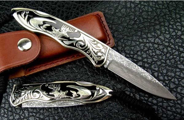 Damascus Steel Small Knife Jungle Folding Knife with Cupronickel Handle UDTEK00537 / UDTEK01204